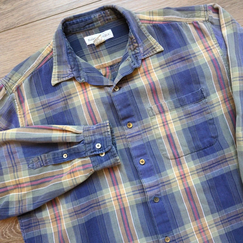 Vtg 90s Banana Republic Plaid Button Down Shirt Blue Green Tan Grunge Large
